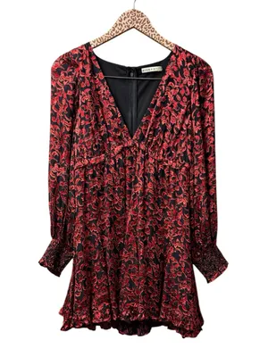 Alice + Olivia Briar Floral Blouson Empire Long Sleeve Mini Dress Red Black 2 thumbnail 2