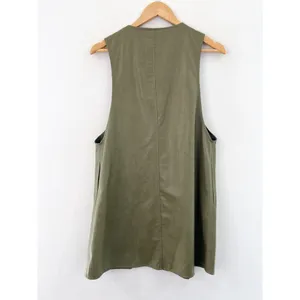 NEW ZARA Faux Leather Pinafore Dress Medium Sage Green Deep V Gold Buttons thumbnail 8
