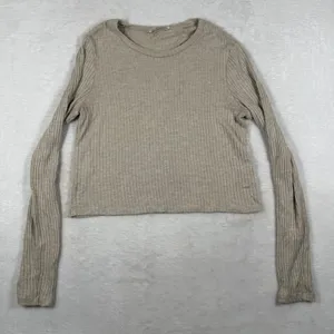 Reformation Womens Small Tan Ribbed Knit Long Sleeve Cropped Top Tencel Modal thumbnail 1