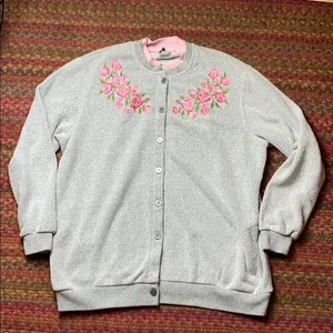 Vtg Rose Embroidery Grey Terrycloth Cardigan Button Up Grandma Sweater thumbnail 1