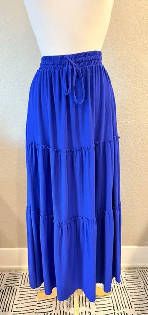 Zenana Blue Tiered Maxi Skirt Small Drawstring Boho Peasant thumbnail 1