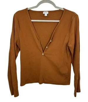J. Crew Factory Long Sleeve Ribbed Henley Top Rust Brown Orange Size L Casual‎ thumbnail 1