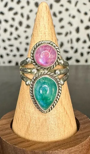Sterling Silver Pink and Green Moonstone Two Stone Triple Band Ring Size 7 thumbnail 1