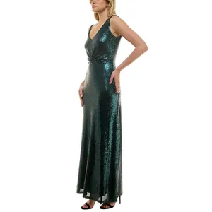 NWT Taylor Stretch Mesh Sequin Cinched Waist Gown Dress Bottle Green 2 thumbnail 3