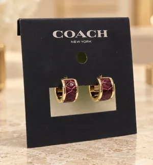 Coach Burgundy Snake-Embossed Leather Gold-Tone Hoop Earrings NWT thumbnail 1
