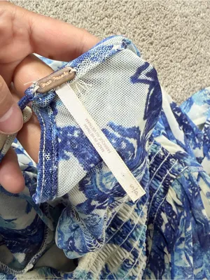 Free People Women’s Up For Anything Western Shirt Smocked Mesh Floral Blue S thumbnail 9
