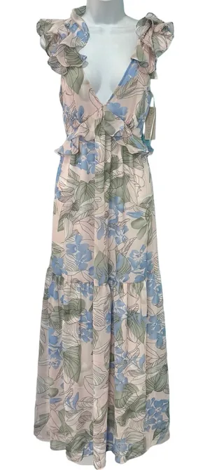 Big Water Blue Sky Pink Blue Green Floral Flutter Tie Back Maxi Dress S NEW Tags thumbnail 1