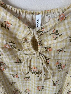RVCA Gretel yellow gingham Floral smocked cottage puff Sleeve Mini Dress L thumbnail 5