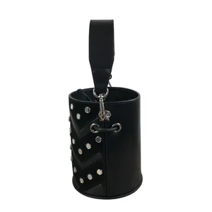SALAR Italian Leather Studed Bucket Handbag Black Boho Luxury Rare Made In Italy thumbnail 4