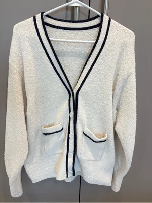 J.Crew Cardigan Ivory Navy Trim Preppy Sweater. Collegiate, varsity size large thumbnail 1