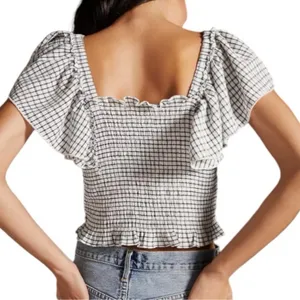 Maeve Anthropologie Smocked‎ Gingham Crop Top Women’s Small White Off Shoulder thumbnail 2