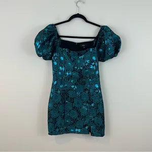 Lulu's Beyond Amazing Dark Teal Blue Floral Jacquard Puff Sleeve Dress Small thumbnail 2