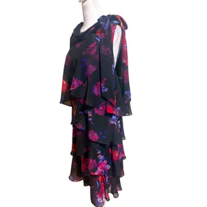 SLNY Tiered Chiffon Dress 16 Black Floral New Tie Cowl Neck Ruffle Shimmer thumbnail 2