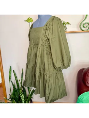 a new day Tie Back Olive Green Dress with Puff Sleeves Women’s Size XXL NWT thumbnail 3