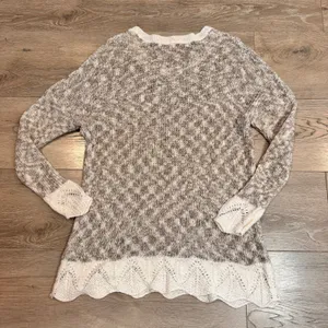 Poof Knit Sweater‎ Beige Crochet Hem Lace Cuffs Size Large L Whimsy thumbnail 2