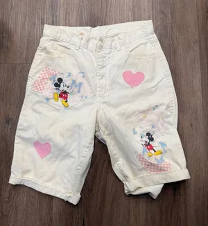 Vintage‎ Mickey Mouse White Jean Shorts Patches Hearts Disneycore Youth thumbnail 1