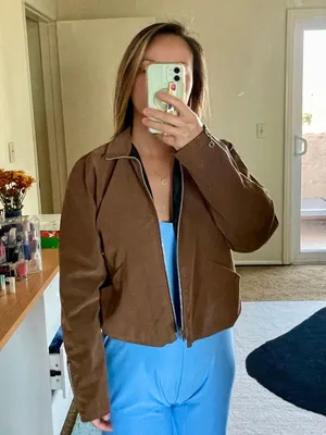 Caramel brown custom made microsuede feel women’s bomber jacket size M medium thumbnail 1
