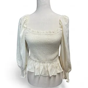 On‎ Blue Womens Ivory Smocked Square Neck long sleeve peplum Poet blouse Medium thumbnail 2