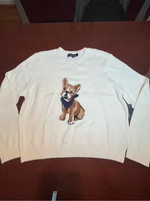 Sweet Halo French Bulldog Graphic Knit Cotton Sweater Cream Cute Dog Sz L thumbnail 2