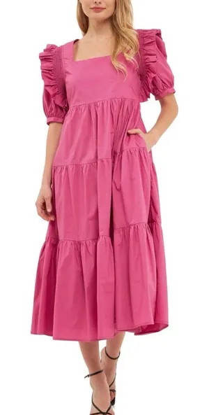 English Factory Magenta Pink Tiered‎ Midi Dress Ruffle Puff Sleeve Square Neck thumbnail 1