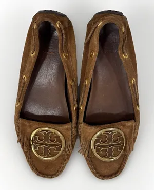 Tory Burch Shoes Womens Size 9 Alexandra Suede Moccasins Cognac Brown Leather thumbnail 1