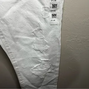 NWT Levi's 501’s White Distressed High‎ Rise Raw Hem Straight Leg Denim Jeans thumbnail 7
