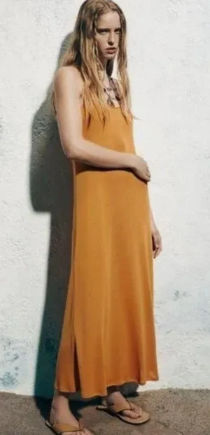 Zara Mustard Yellow Midi Ribbed Stretch Dress Small Blogger Fav thumbnail 1