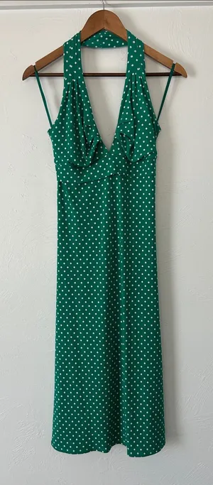 Arden B Green and White Polka Dot Halter Midi Dress thumbnail 1