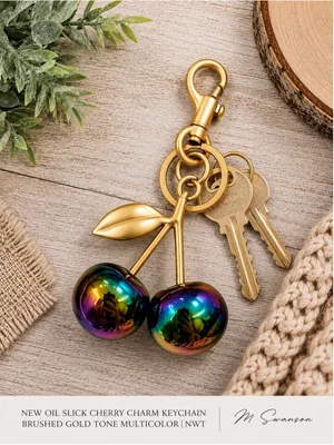 NEW Cherry Charm Keychain Gold and Multicolor Oil Slick NWT thumbnail 3