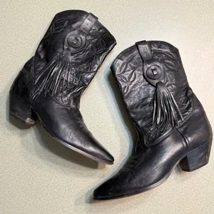 Vintage Laredo black leather‎ fringe cowboy boots BURNING MAN size 9 T1 thumbnail 2