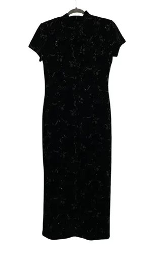 Dress Barn Black Velvet Floral Sparkle Mandarin Style Maxi Dress Size 12 thumbnail 4