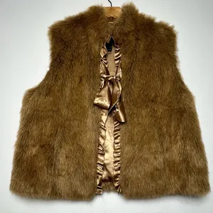 Terry Lewis Women’s Faux Fur Vest Satin Trim Y2K Mob Wife Brown Luxe Women Sz L thumbnail 2