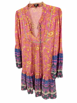 Coco + Carmen Boho Paisley Tunic Dress Pink Blue Tassel Tie Size L/XL Hippie thumbnail 10