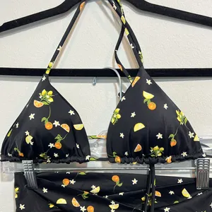PINK bikini swimsuit size small orange lemon print high waist string top thumbnail 4