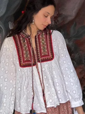 Zara White Eyelet Tunic with Red Multicolor Embroidered Yoke thumbnail 1