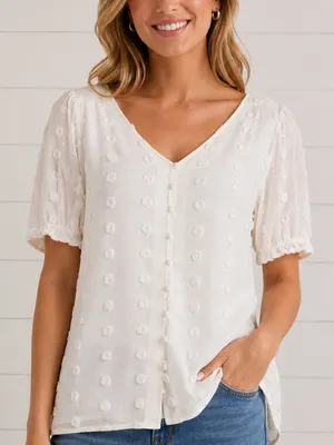 E&M Women’s Button Front Large Swiss Dot‎ White Top Short Sleeve V-Neck Size L thumbnail 1