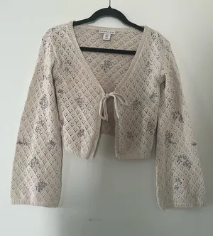 Cream Blue Floral Knit Tie Front Crochet Cardigan Small Cottagecore Feminine thumbnail 1