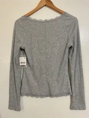 NWT Free people Big Love Ribbed Cardigan Elegant Grey Lace-Trimmed Small thumbnail 9