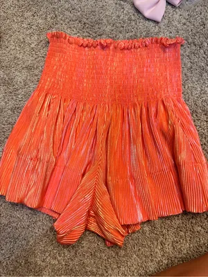 QUEEN OF SPARKLES Smocked High-Waist Pleated Shorts - Orange with Gold Sheen thumbnail 1
