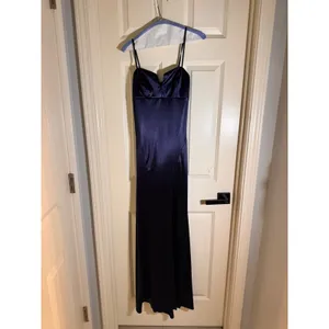 Honey and Rosie Navy Blue Satin Sweetheart Neck Side Slit Maxi Formal Gown Small thumbnail 2