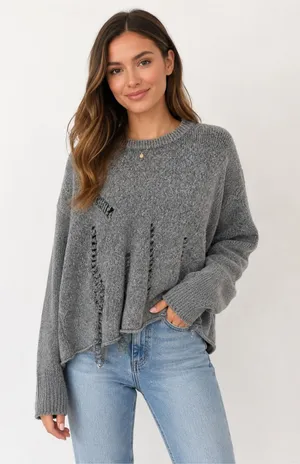 RD Style Gray Distressed Crewneck Sweater Size Large thumbnail 1