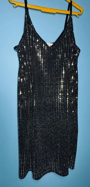 Candie's XL Black and Gold Sequin Striped V-Neck Slip Dress thumbnail 6