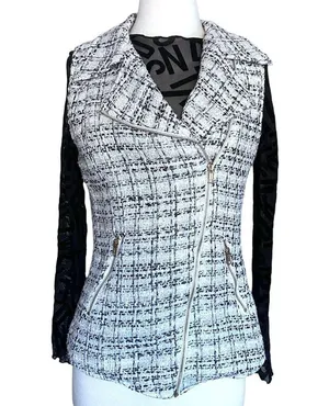 Tinley Road Retro Glam Business Professional Zip Black White Plaid Tweed Vest thumbnail 2