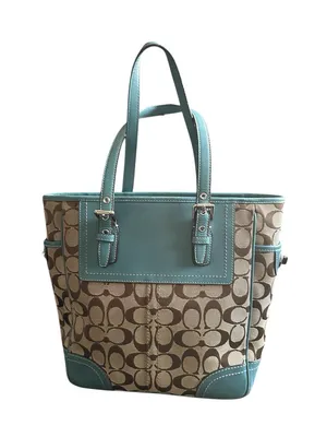 Coach Vintage Y2K Hadley Lunch Bag Beige Signature Canvas Tote Blue Leather Trim thumbnail 2