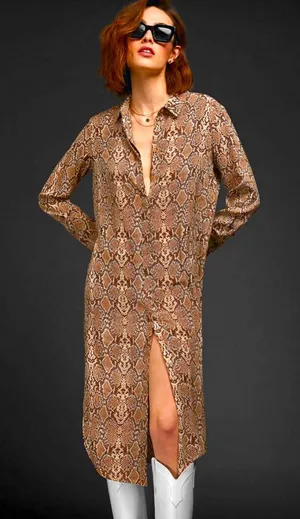 Anine Bing Chelsea Silk Brown Snake Python Dress Long Sleeve Shirt Dress‎ Animal thumbnail 1