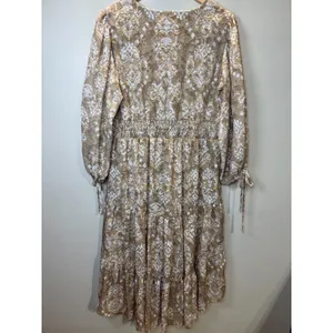 Cupio Midi Dress Women L Tan Gold Geometric Smocked Tiered Boho thumbnail 7