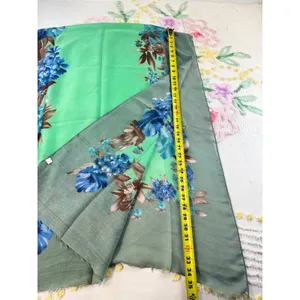 Green Fantasy Scarf Blue Floral Print Viscose‎ Lightweight Wrap Eyelash Fringe thumbnail 6