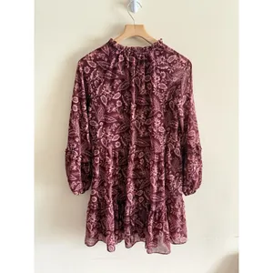 Express burgundy‎ chiffon mini dress Sheer Sleeve Tiered Cottage Small thumbnail 3
