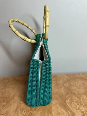 Zara Turquoise Woven Straw Tote Bamboo Ring Handles Beach Resort Handbag Boho thumbnail 3