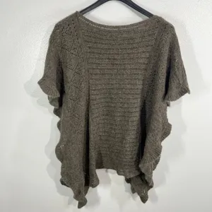 Free People Rosie Lee Poncho‎ Medium Brown Open Knit Ruffle Hem Boho Oversized thumbnail 3